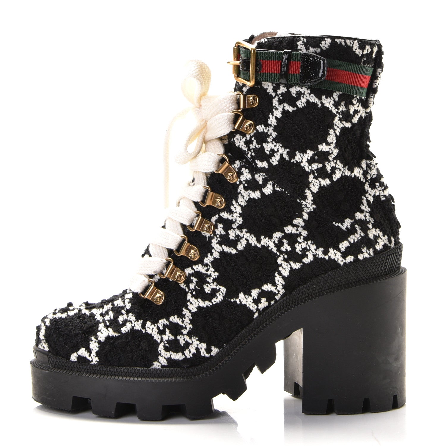 Gucci Tweed GG Monogram Lace Up Combat Ankle Boots 37.5 Black 1 of 10