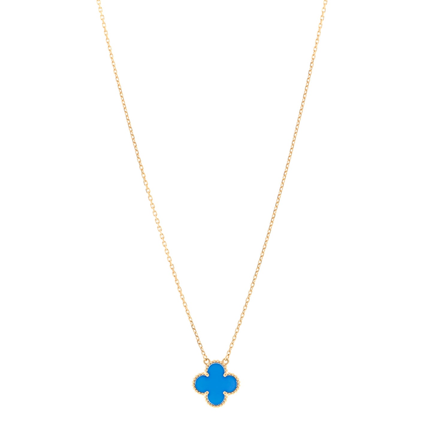 18K Yellow Gold Blue Agate Vintage Alhambra Pendant Necklace