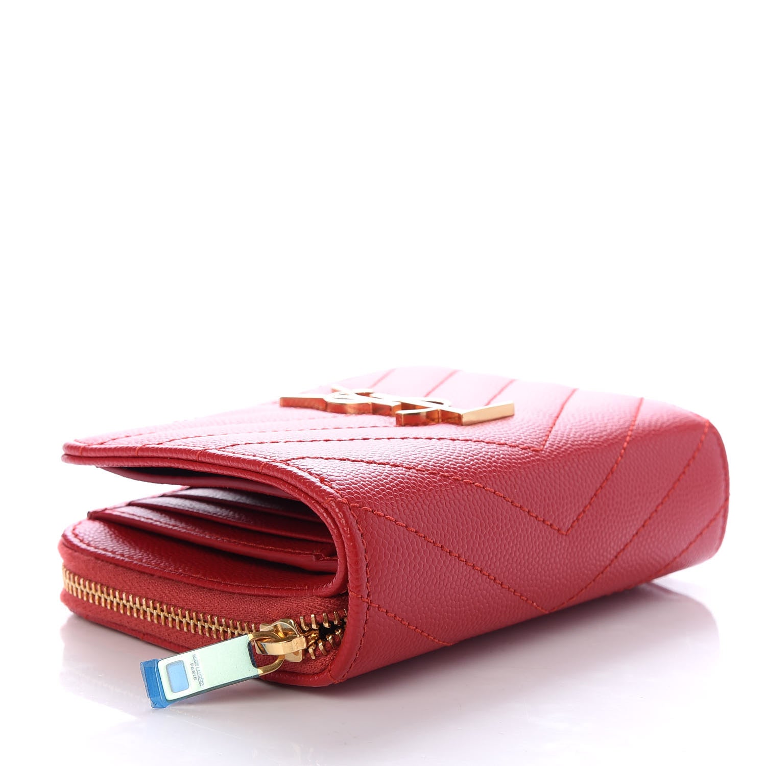 Saint Laurent Grain De Poudre Matelasse Chevron Monogram Compact Zip Around Wallet New Red 4 of 7