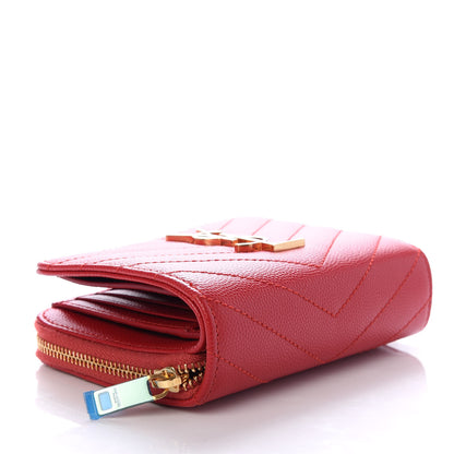 Saint Laurent Grain De Poudre Matelasse Chevron Monogram Compact Zip Around Wallet New Red 4 of 7