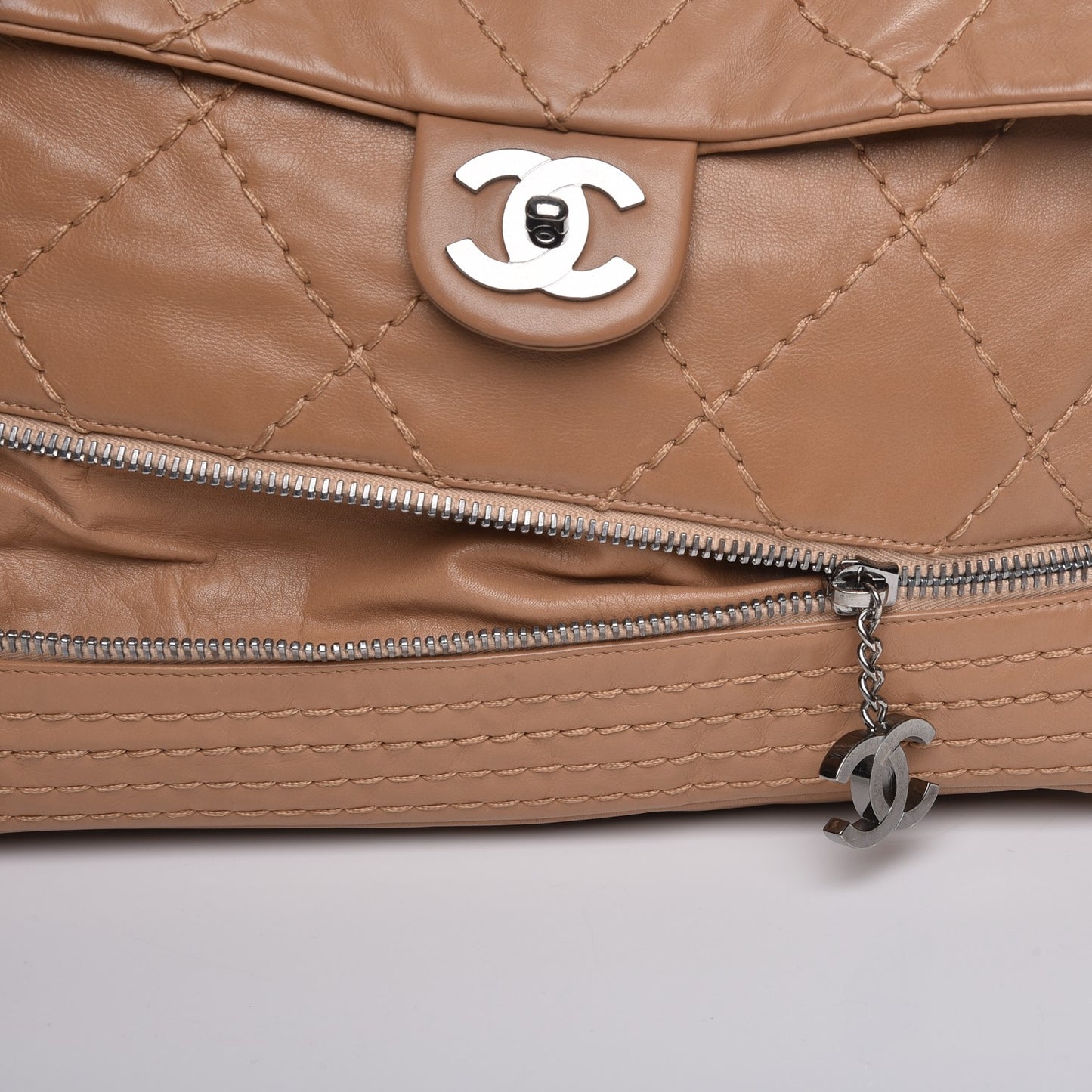 Calfskin Large Expandable Flap Bag Dark Beige