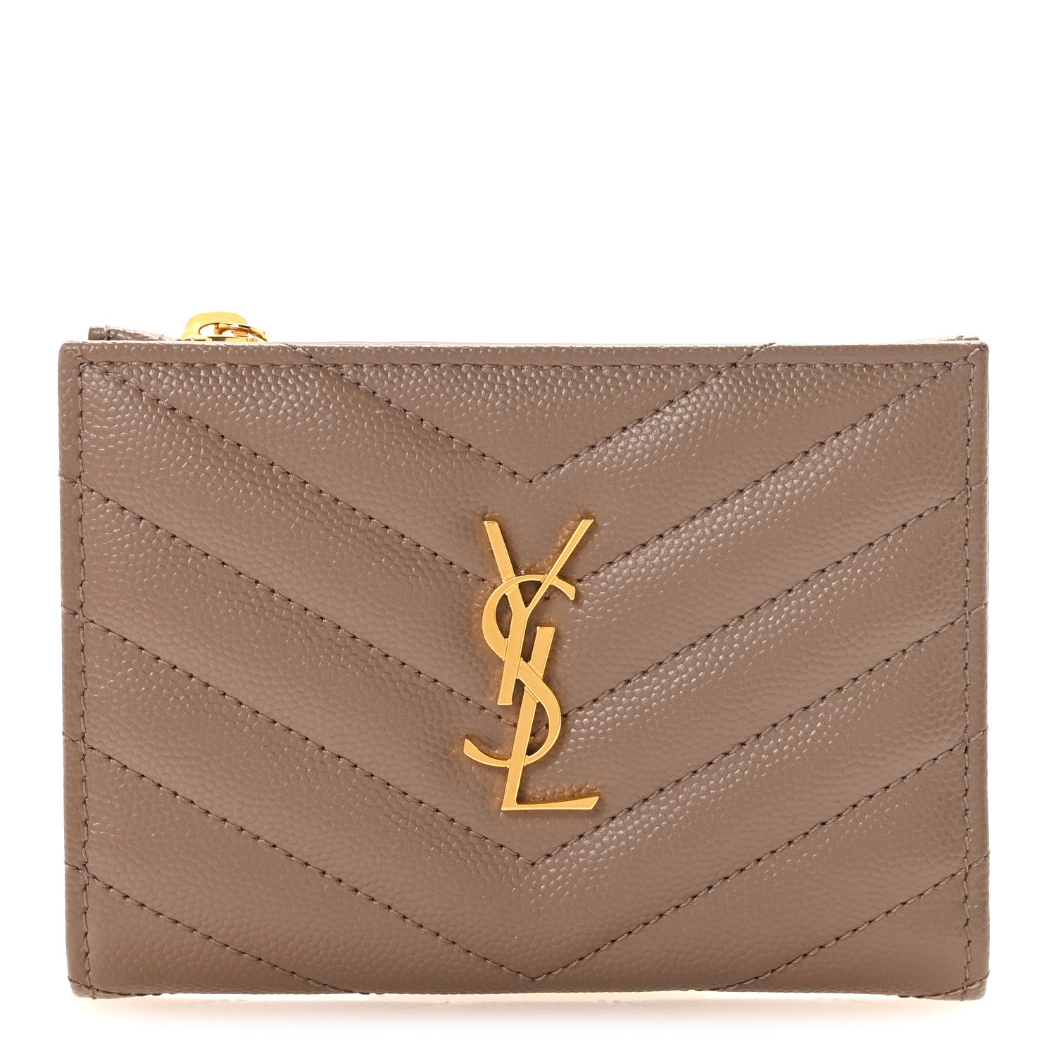 Saint Laurent Grain De Poudre Matelasse Chevron Monogram Zipped Two-Part Wallet Dark Latte 1 of 7