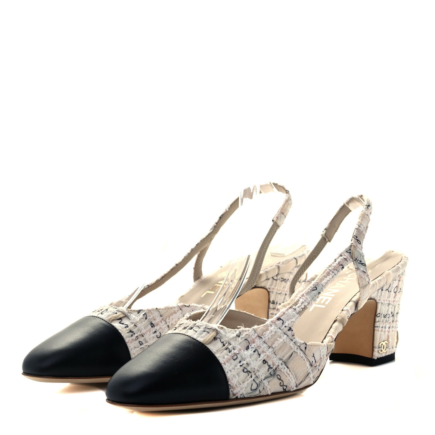 Tweed Lambskin Cap Toe CC Logo Slingback Pumps 39.5 Ivory Black