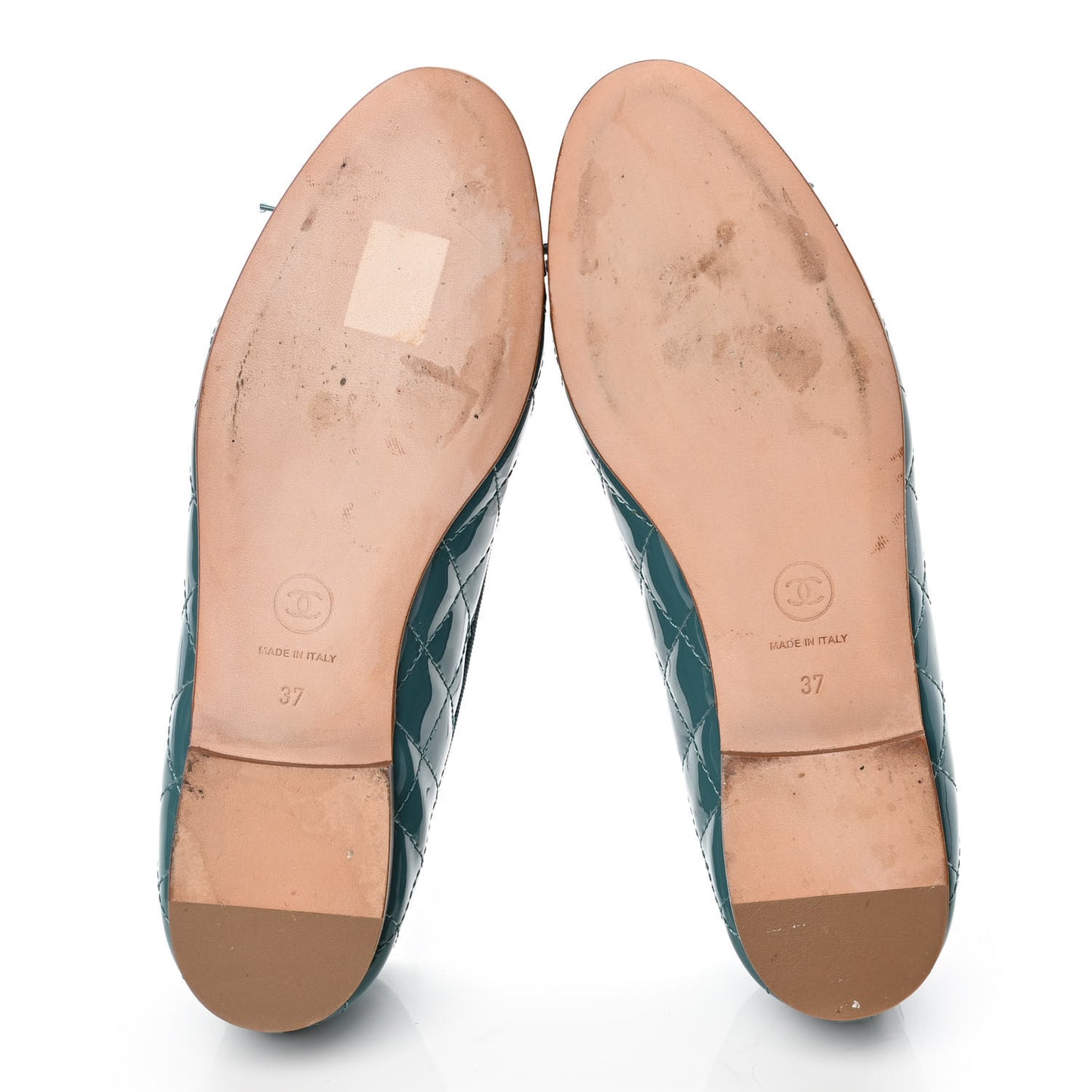 Patent Calfskin Quilted Cap Toe CC Ballerina Flats 37 Turquoise