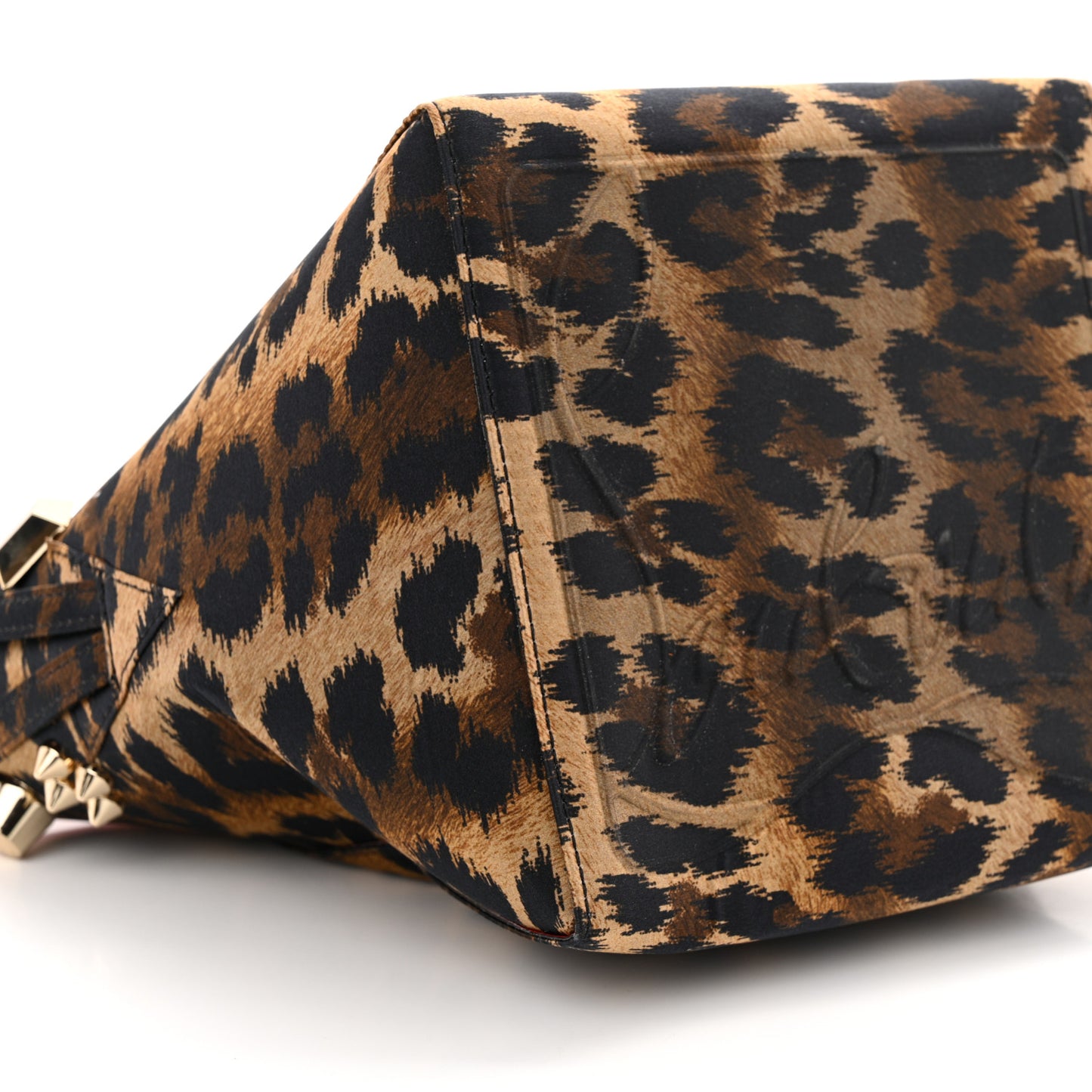 Crepe Satin Leopard Print Empire Spike Studded Mini Cabachic Bucket Bag Brown