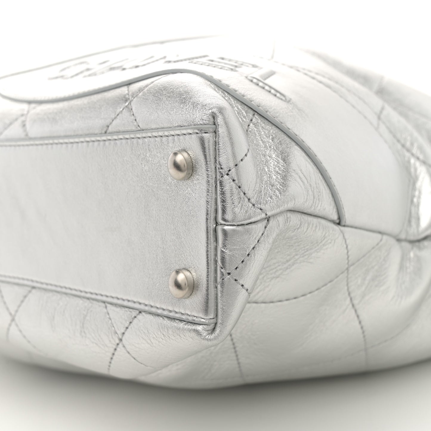 Metallic Calfskin Stitched CC Shopper Tote Silvery