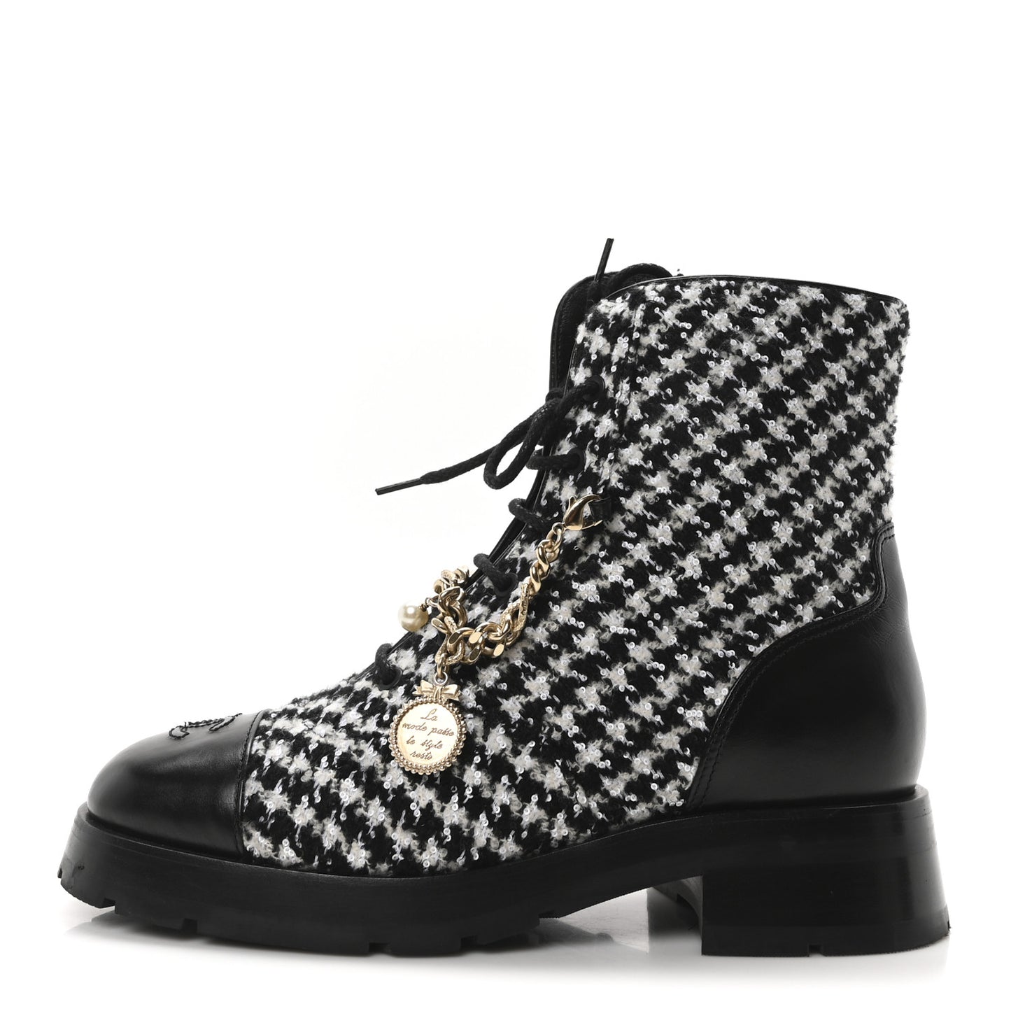 Wool Tweed Calfskin Chain Lace Up Combat Boots 40 Black White