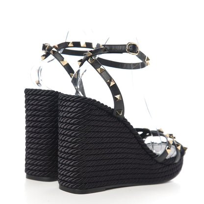 Valentino Garavani Calfskin Rockstud Ankle Strap Torchon Espadrille 25/95mm Wedge Sandals 40 Black 4 of 9