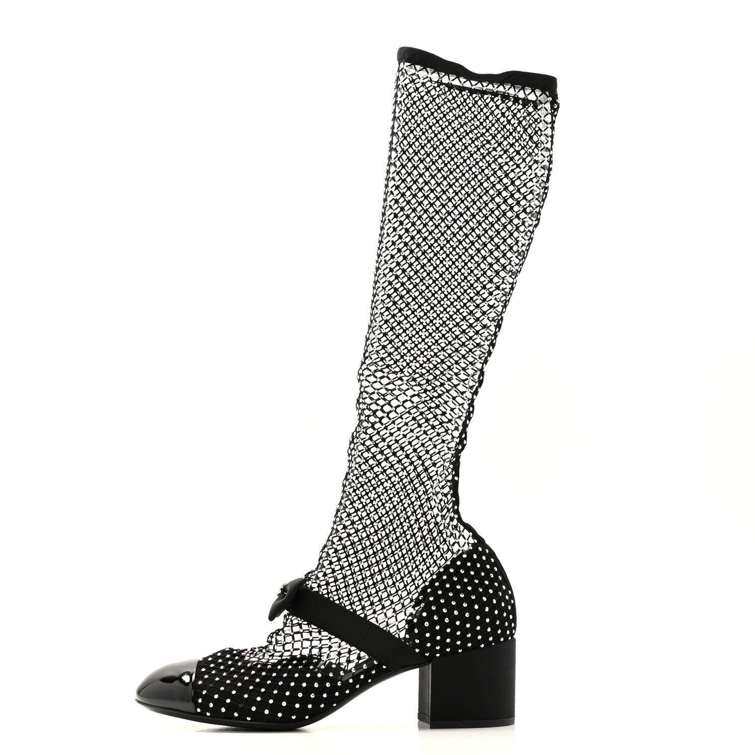 Chanel Mesh Crystal Patent CC Bow High Boots 38.5 Black 1 of 8
