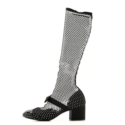 Chanel Mesh Crystal Patent CC Bow High Boots 38.5 Black 1 of 8