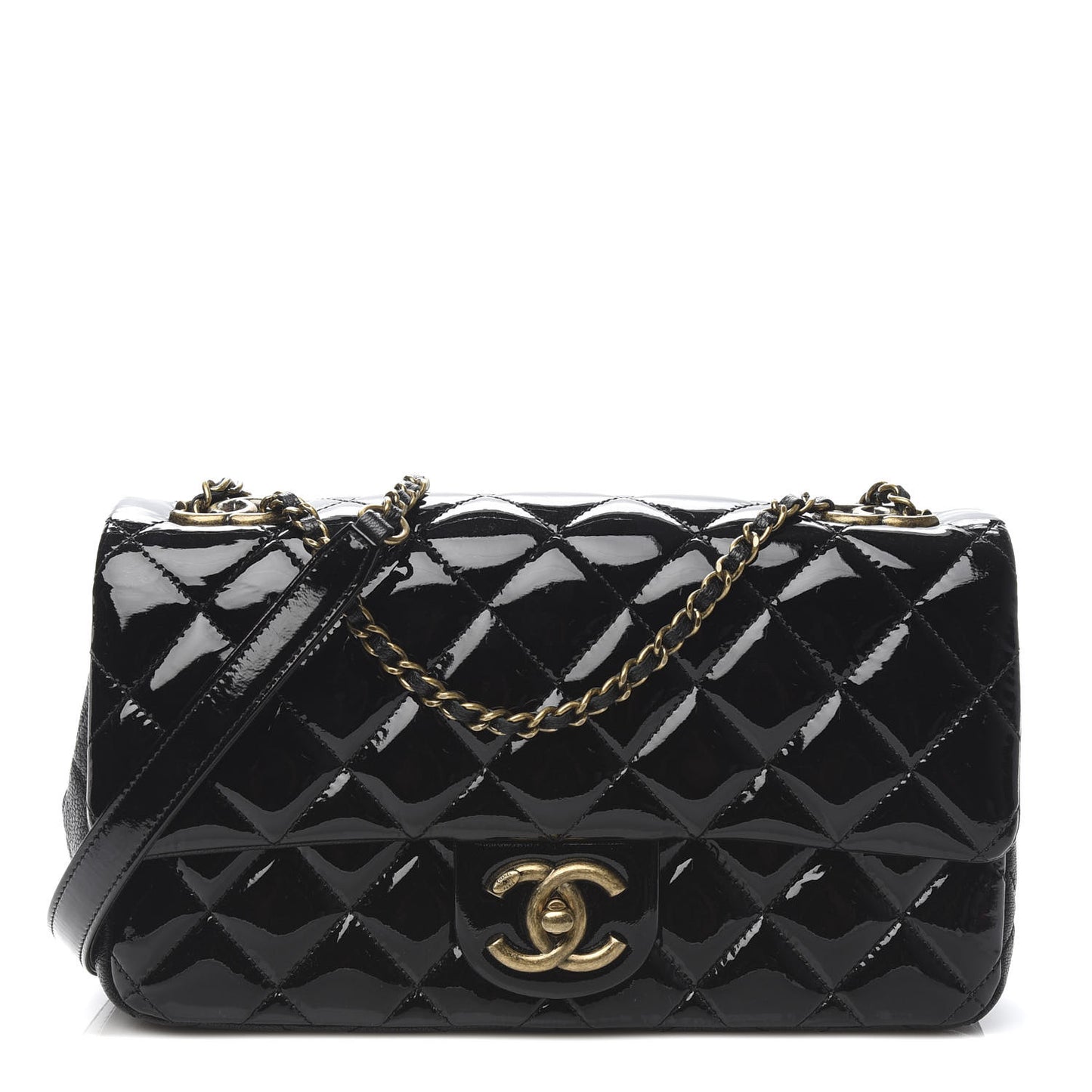 Patent Goatskin Quilted Medium CC Eyelet Flap Black