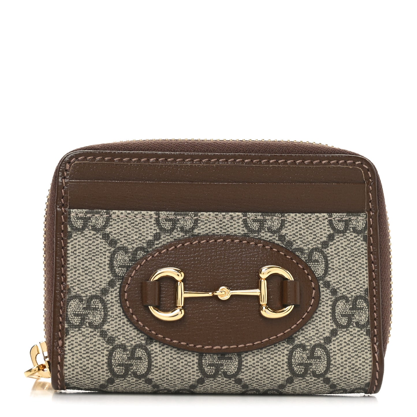 GG Supreme Monogram Azalea Calfskin Horsebit 1955 Zip Around ID Card Case Wallet Beige Ebony Brown Sugar