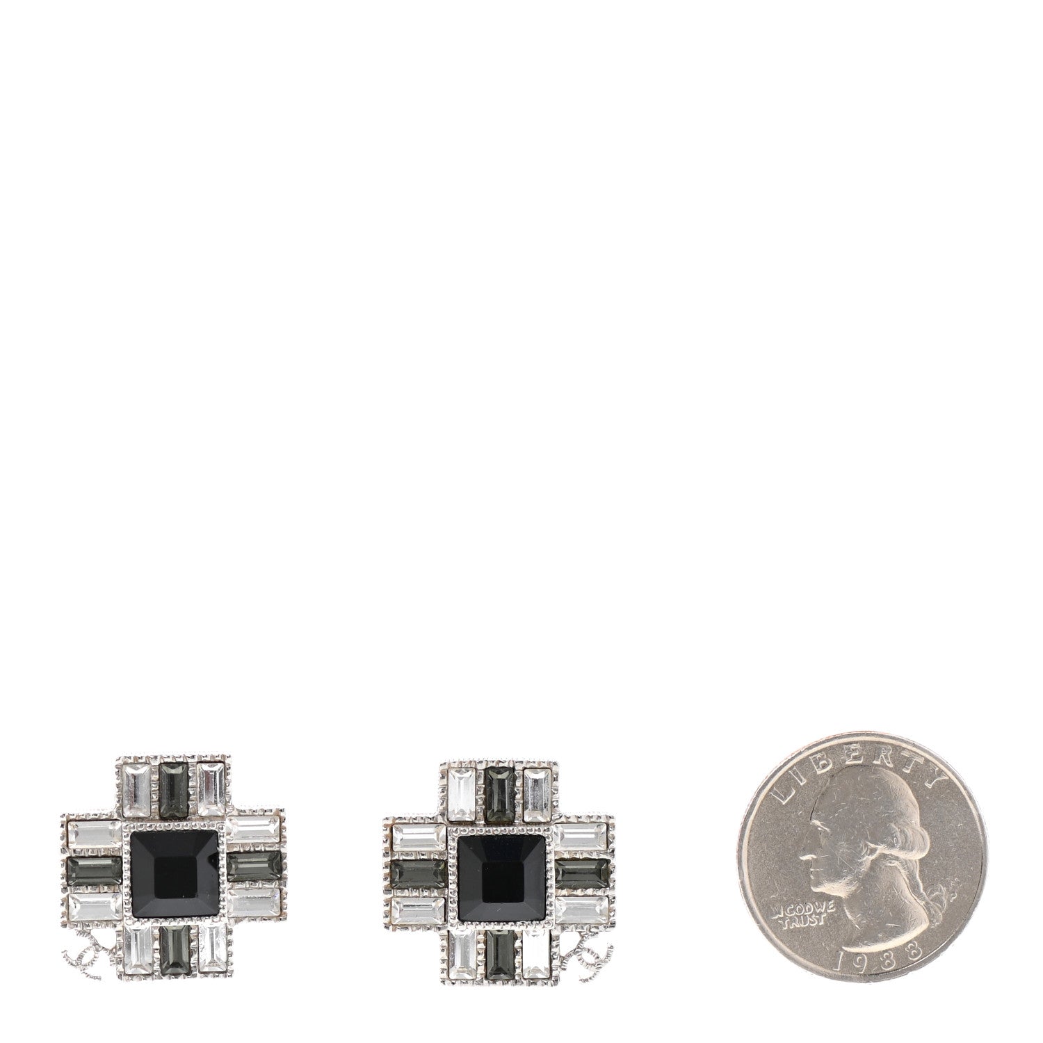 Chanel Baguette Crystal CC Earrings Silver Black 2 of 5