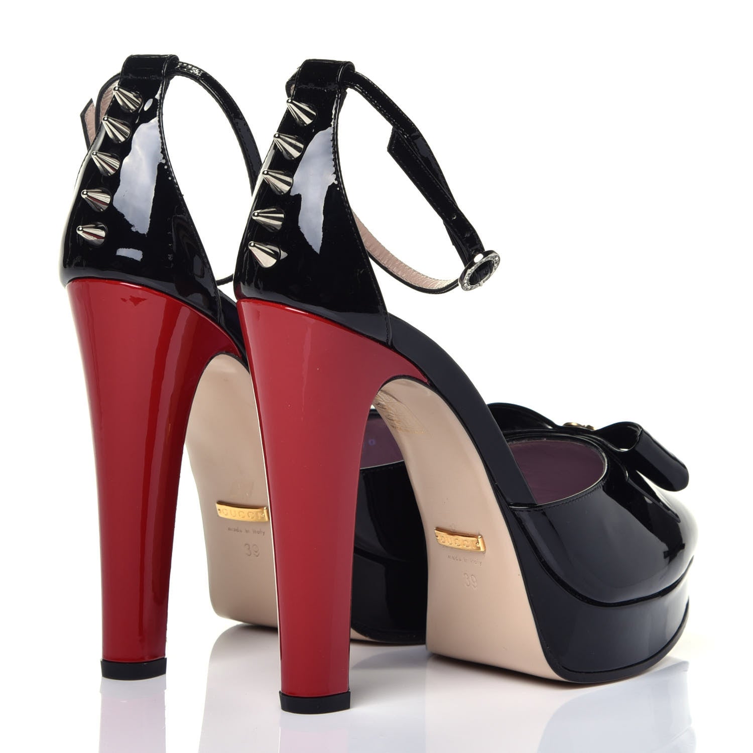 Gucci Patent Crystal GG Bow Sadie Spike Ankle Strap d'Orsay Platform High Heel Pumps 39 Black 4 of 9