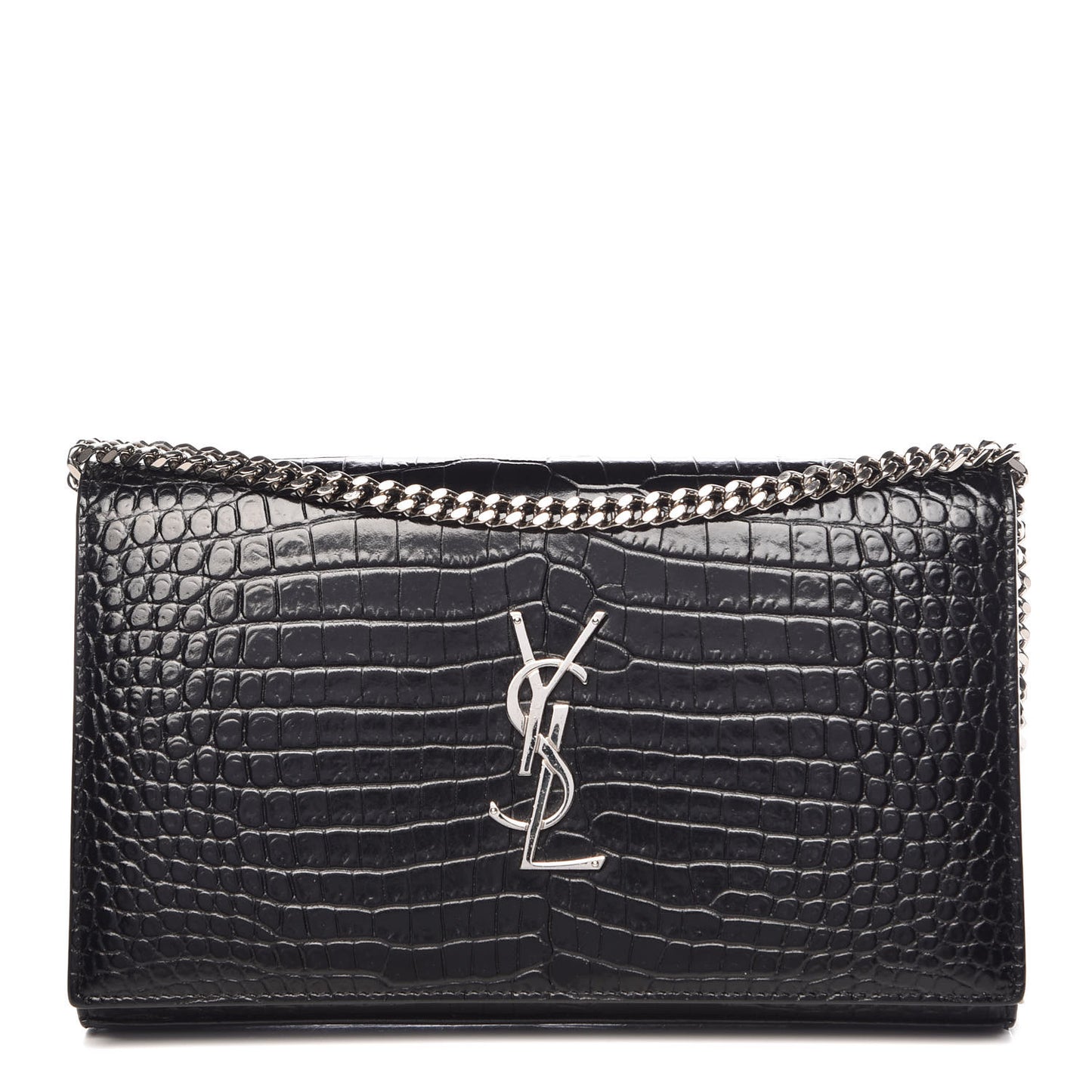 Calfskin Crocodile Embossed Monogram Chain Wallet Black