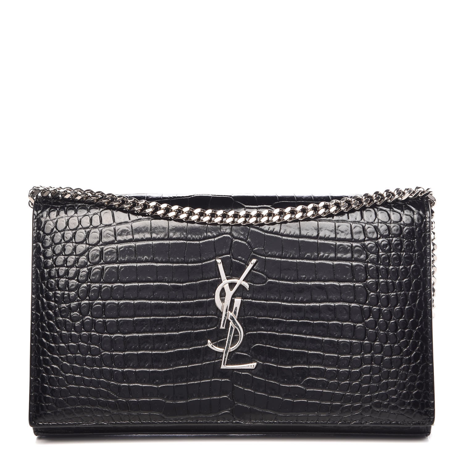 Saint Laurent Calfskin Crocodile Embossed Monogram Chain Wallet Black 1 of 9