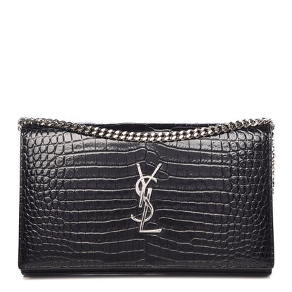 Saint Laurent Calfskin Crocodile Embossed Monogram Chain Wallet Black 1 of 9