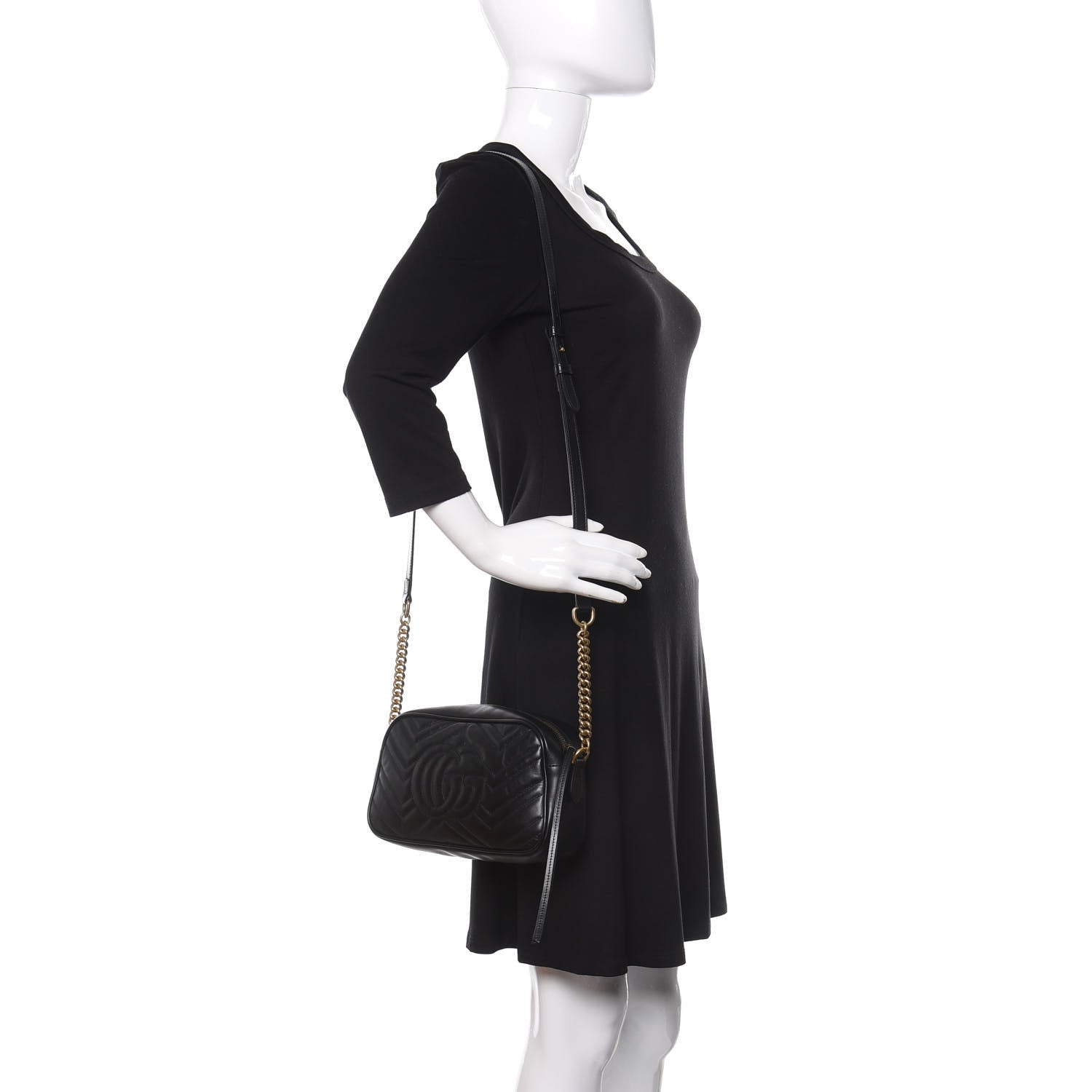 Gucci Calfskin Matelasse Small GG Marmont Chain Shoulder Bag Black 2 of 12