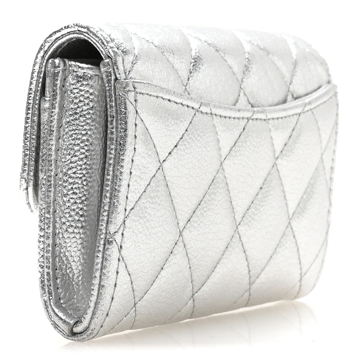 Metallic Caviar Quilted Flap Card Holder Wallet Silvery