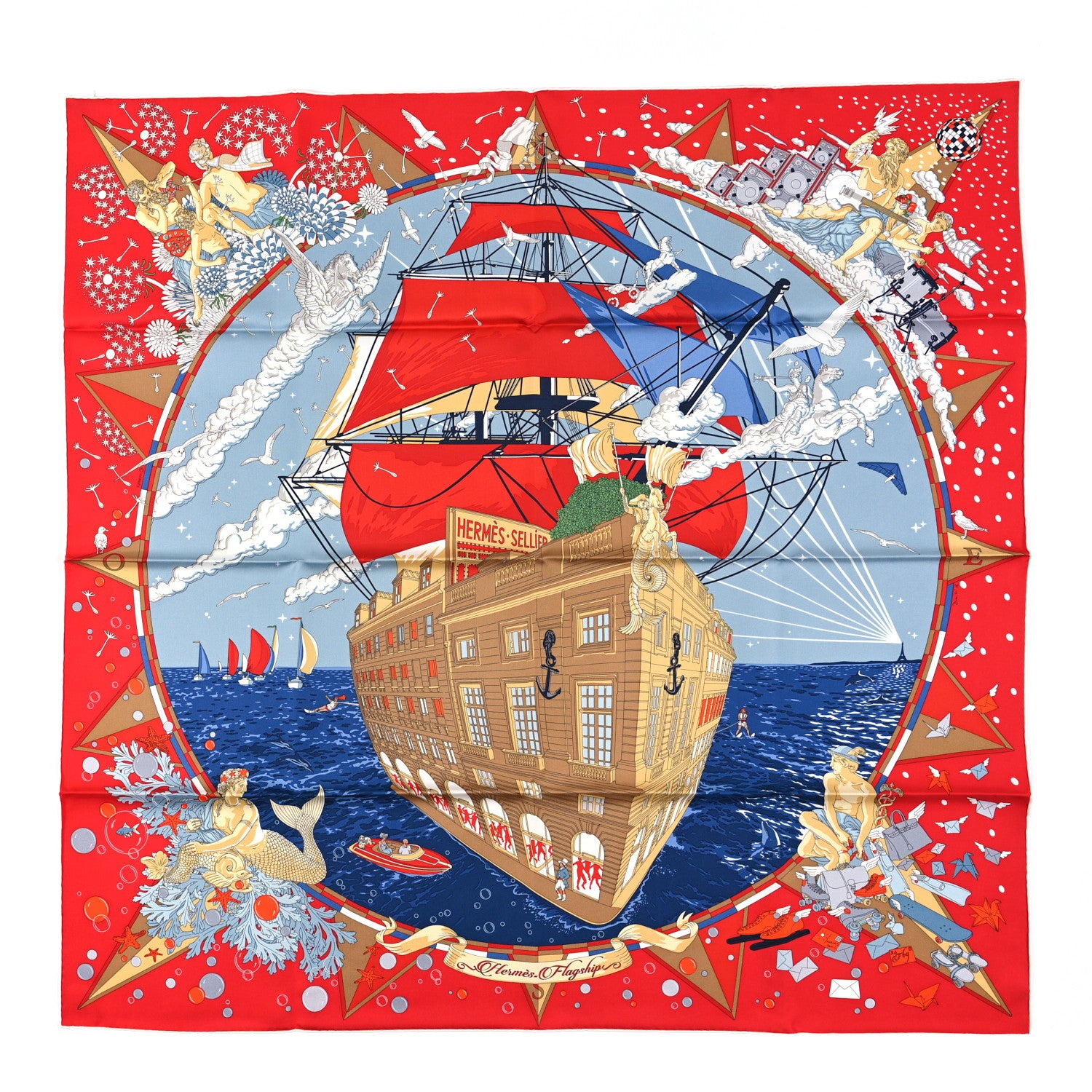 Hermes Silk Flagship Scarf 90 Rouge Bleu Beige 1 of 3