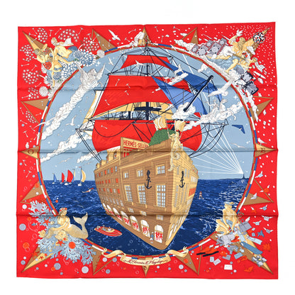 Hermes Silk Flagship Scarf 90 Rouge Bleu Beige 1 of 3