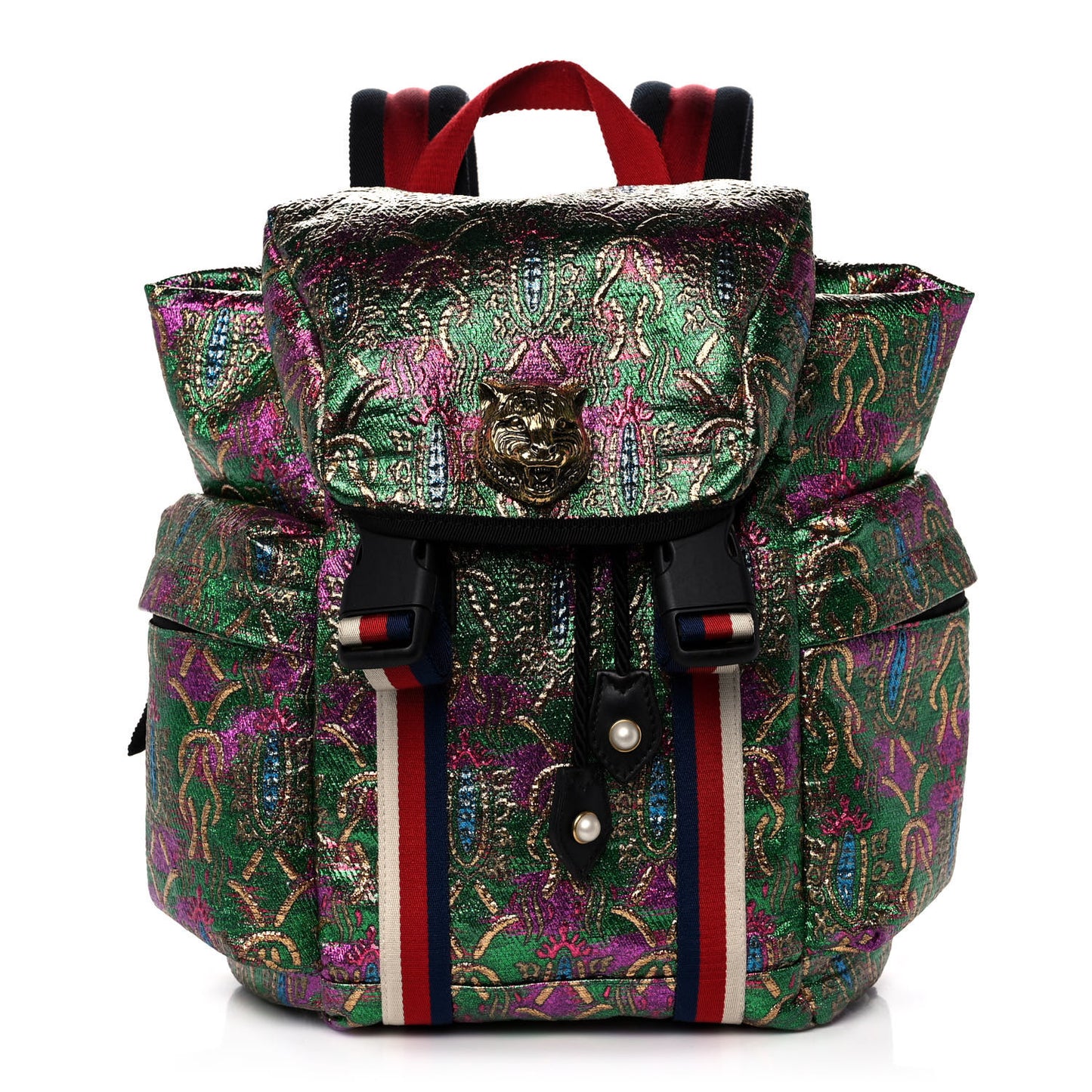 Brocade Web Small Double Buckle Backpack Green Multicolor
