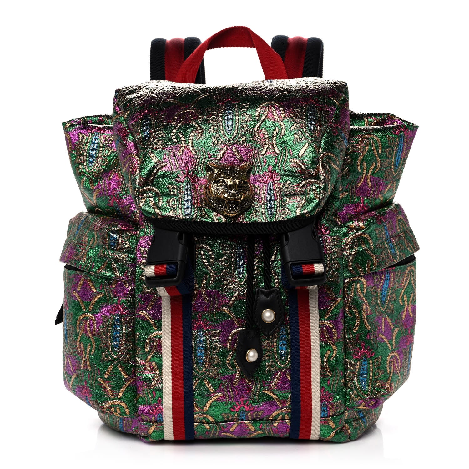 Gucci Brocade Web Small Double Buckle Backpack Green Multicolor 1 of 14