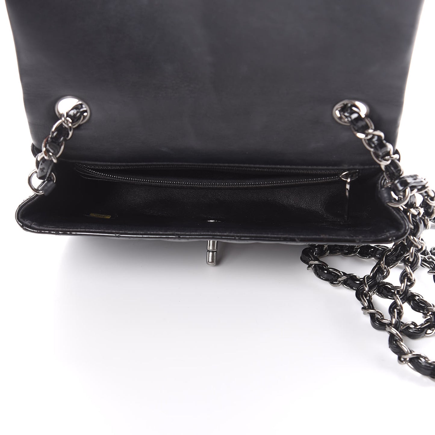 Patent Calfskin Quilted Mini Rectangular Flap Black