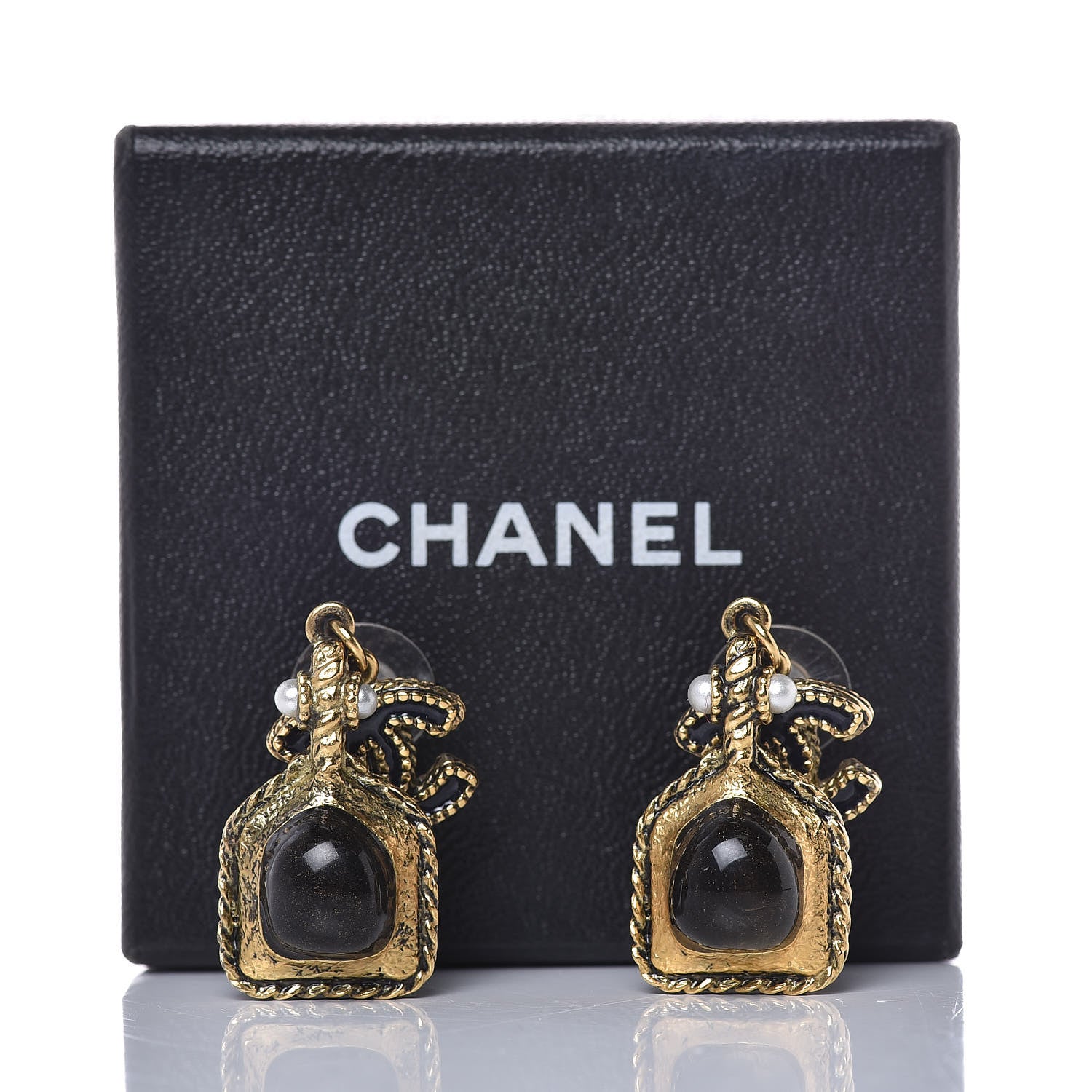 Chanel Gripoix Pearl Resin CC Dangle Earrings Gold Black 5 of 5