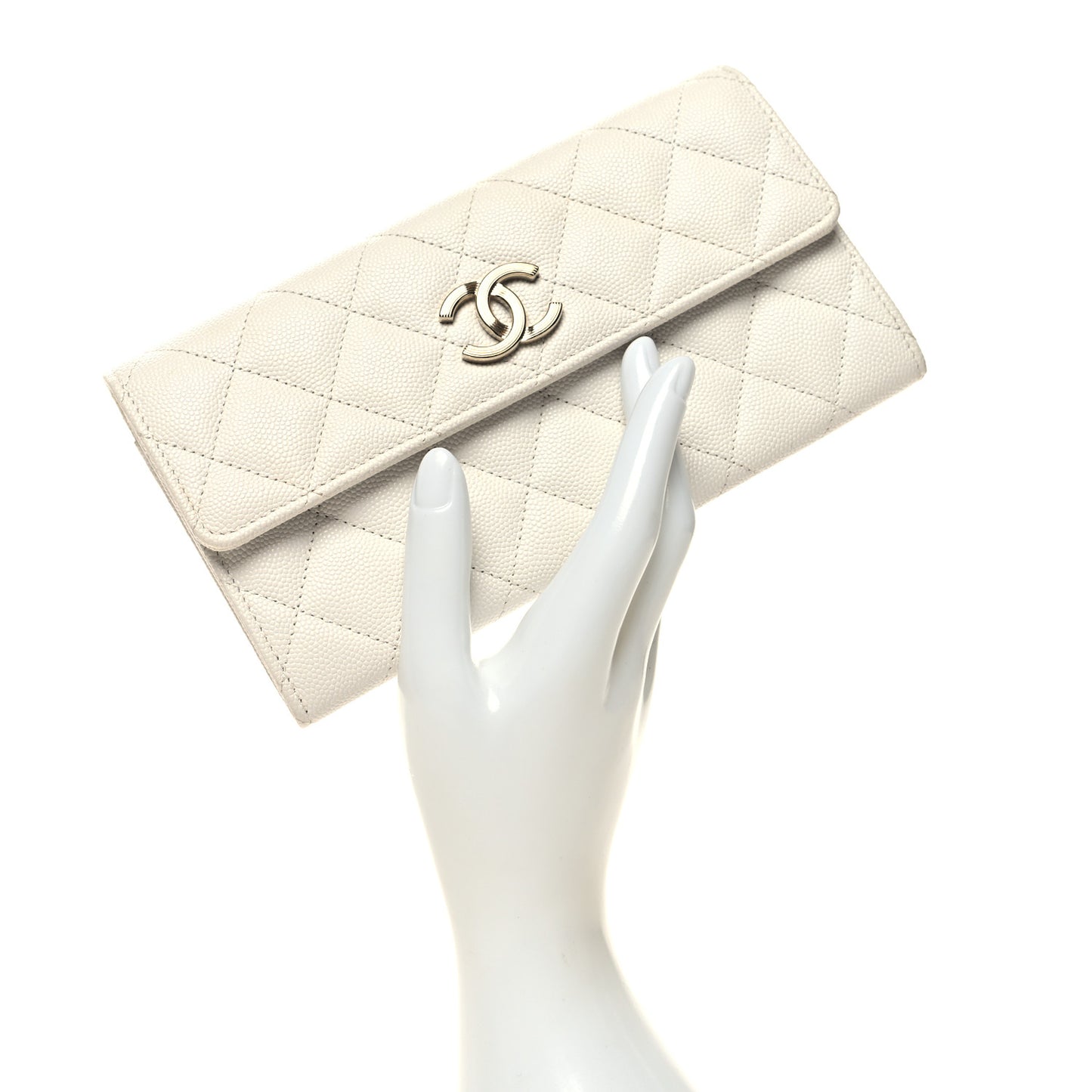 Caviar Quilted Striated CC Large Gusset Flap Wallet White