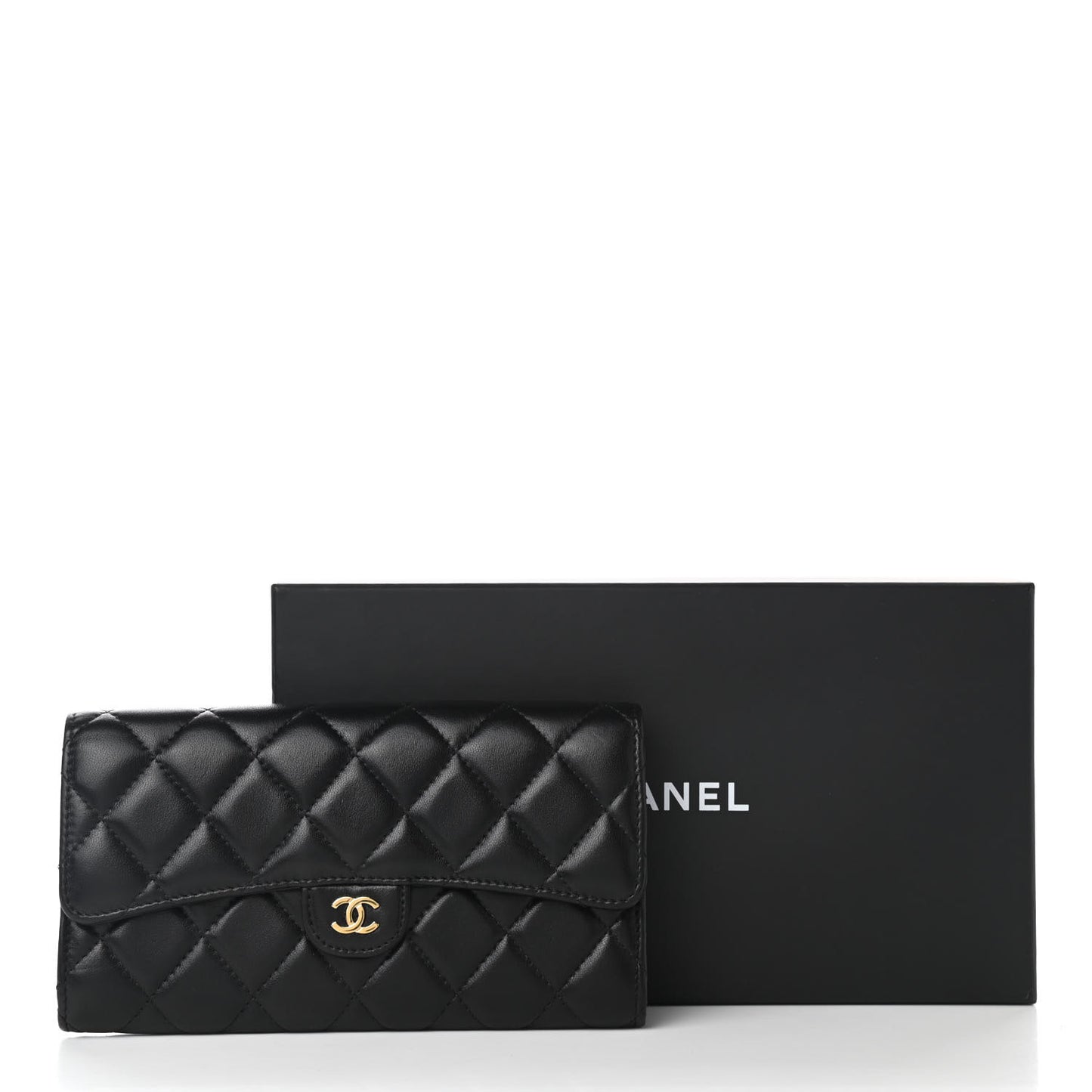 Lambskin Quilted Large Gusset Flap Wallet Black