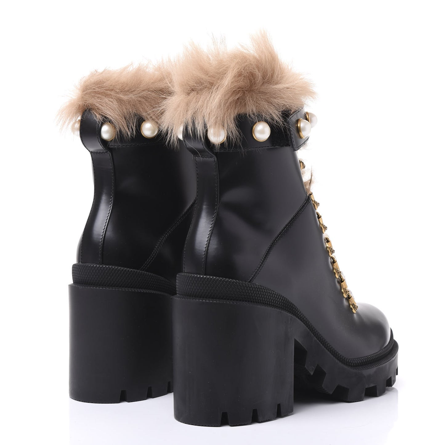 Magnum Calfskin Fur Pearl Lace Up Combat Ankle Boots 37 Black Naturale