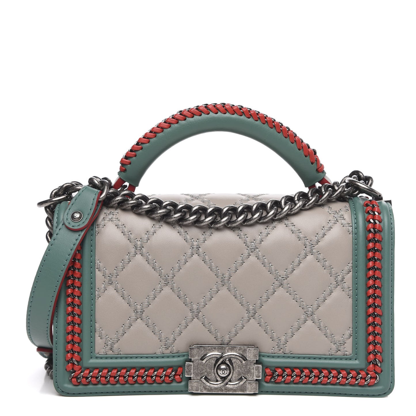 Calfskin Quilted Medium Boy Top Handle Flap Grey