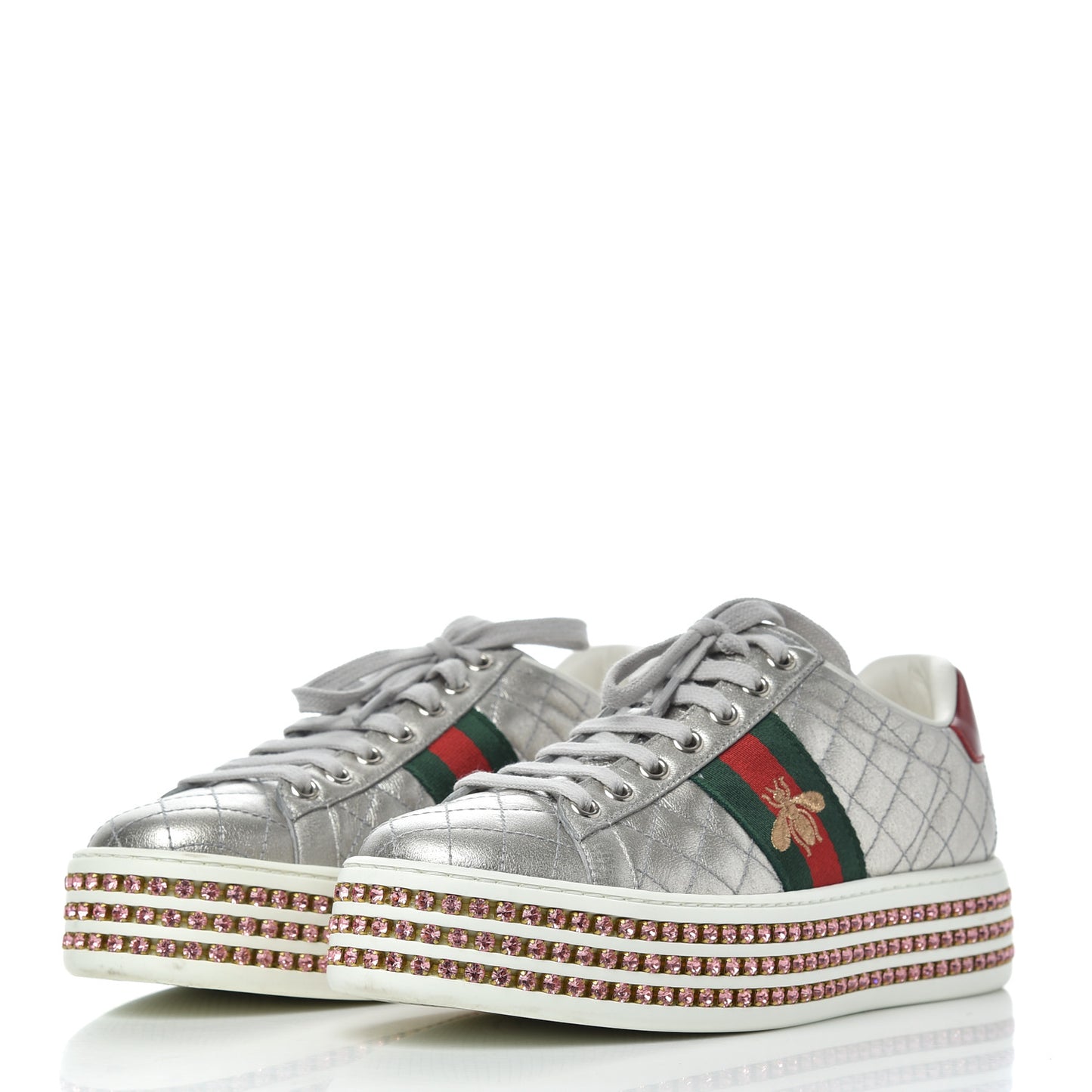 Laminated Nappa Crystal Web Bee Embroidered Trapuntata Womens Ace Platform Sneakers 36.5 Argento