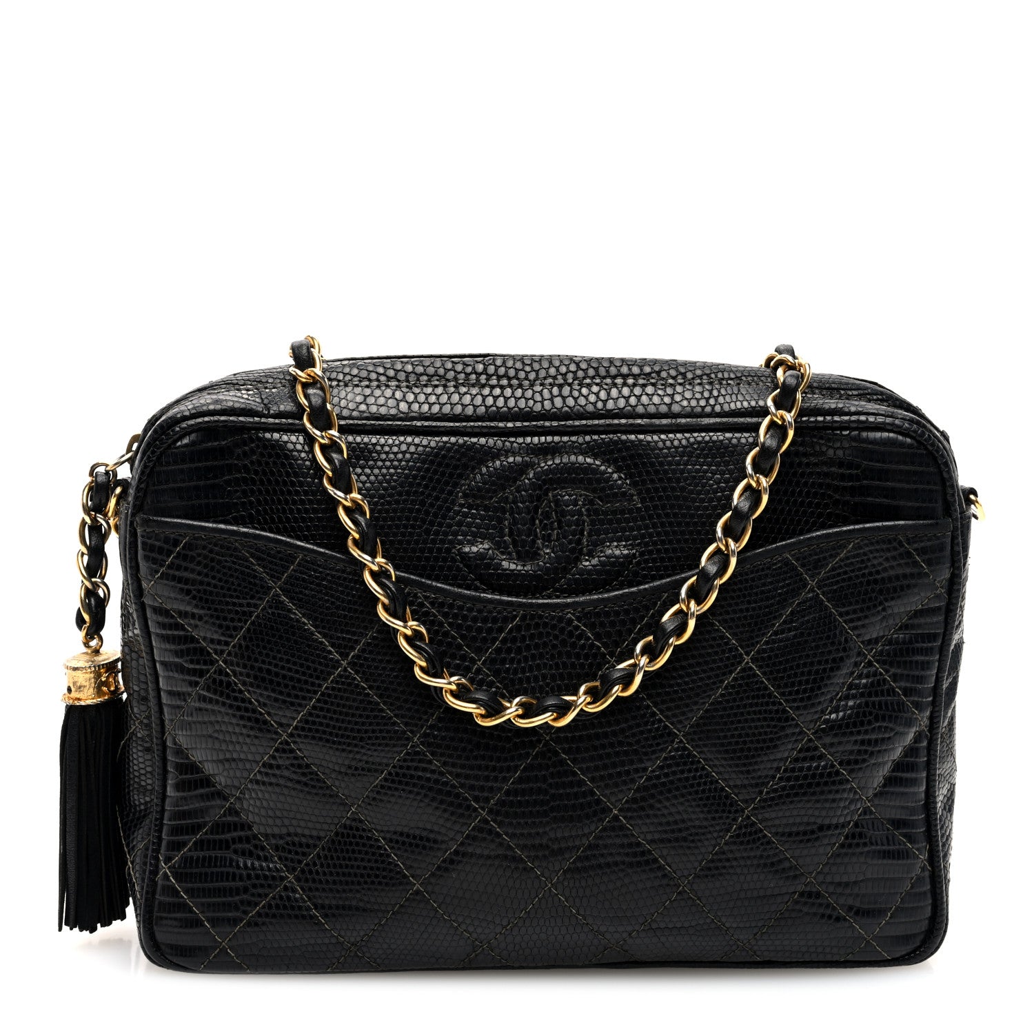 Chanel Lizard Quilted Small Tassel Camera Case Black 1 of 10