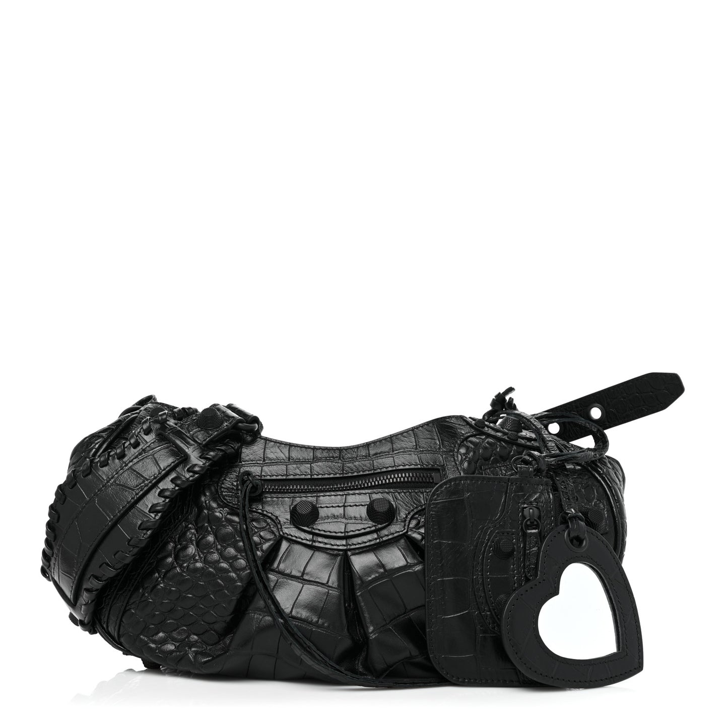 Extra Supple Calfskin Crocodile Embossed Monochrome Small Le Cagole Shoulder Bag Black