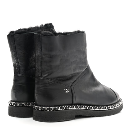 Chanel Calfskin Shearling Womens Cap Toe Chain Short Boots 39.5 Black 4 of 6