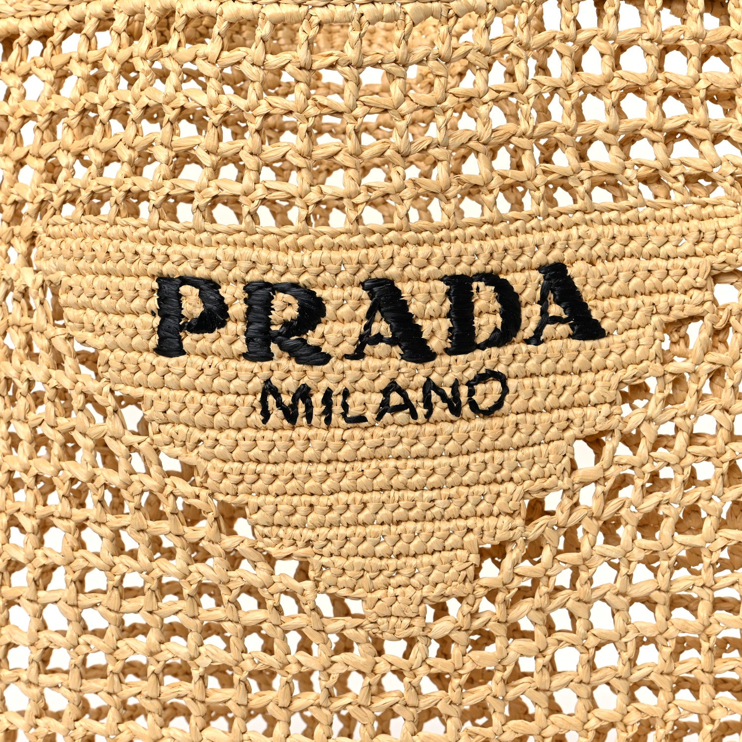 Prada Yarn Raffia Effect Crochet Logo Embroidered Tote Bag Naturale 7 of 9