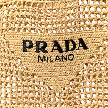 Prada Yarn Raffia Effect Crochet Logo Embroidered Tote Bag Naturale 7 of 9