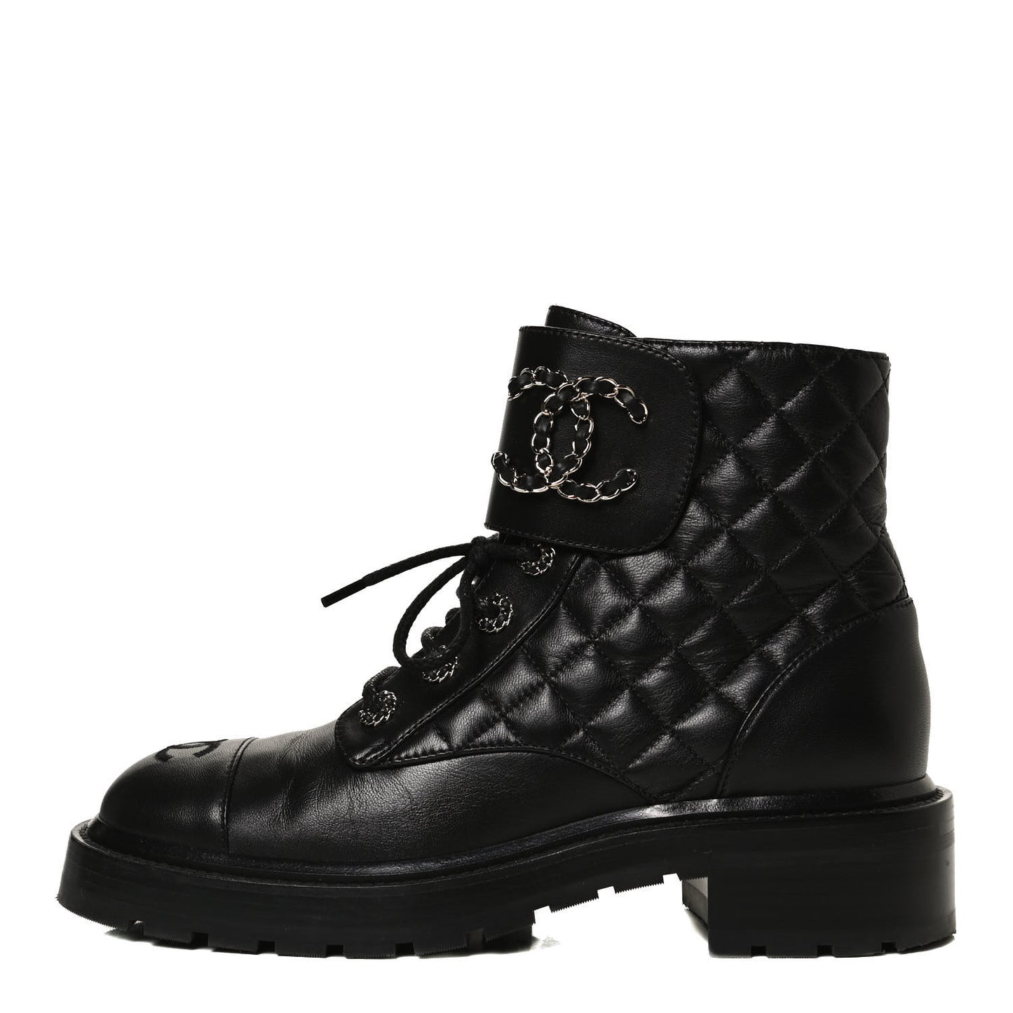 Shiny Lambskin Quilted Lace Up Combat Boots 38.5 Black