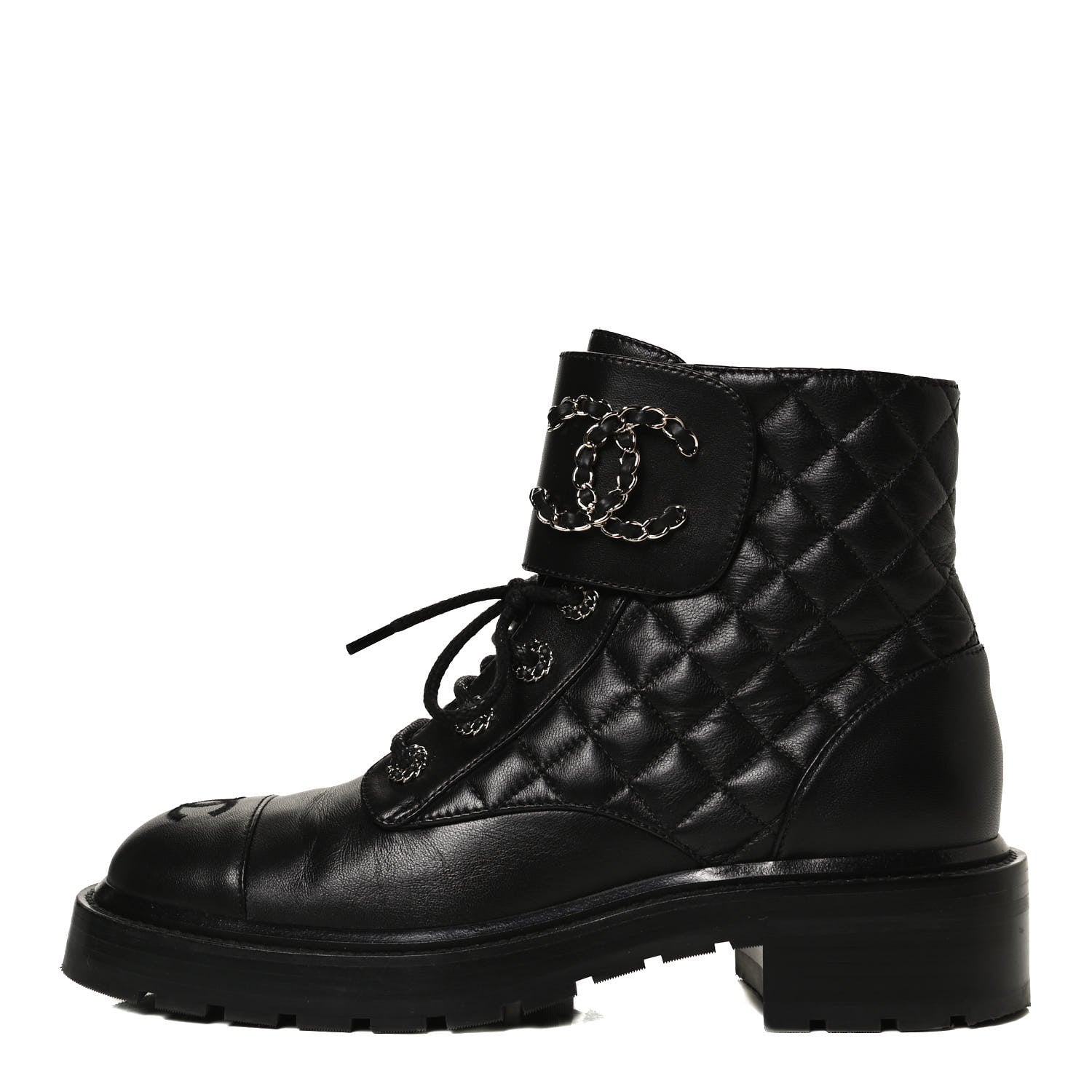 Chanel Shiny Lambskin Quilted Lace Up Combat Boots 38.5 Black 1 of 14