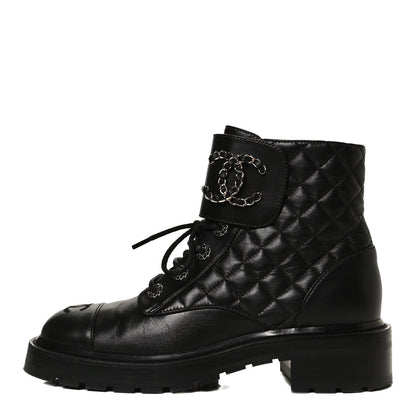 Chanel Shiny Lambskin Quilted Lace Up Combat Boots 38.5 Black 1 of 14