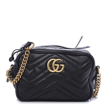 Gucci Calfskin Matelasse Mini GG Marmont Chain Shoulder Bag Black 1 of 12