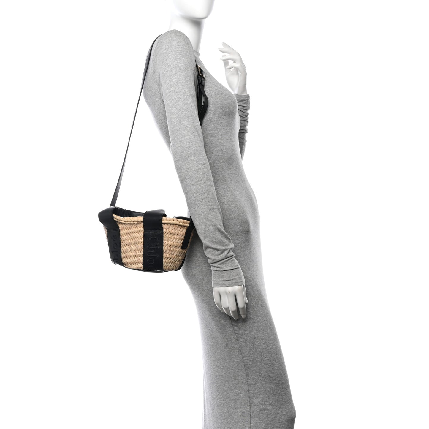 Raffia Smooth Calfskin Small Sense Basket Black
