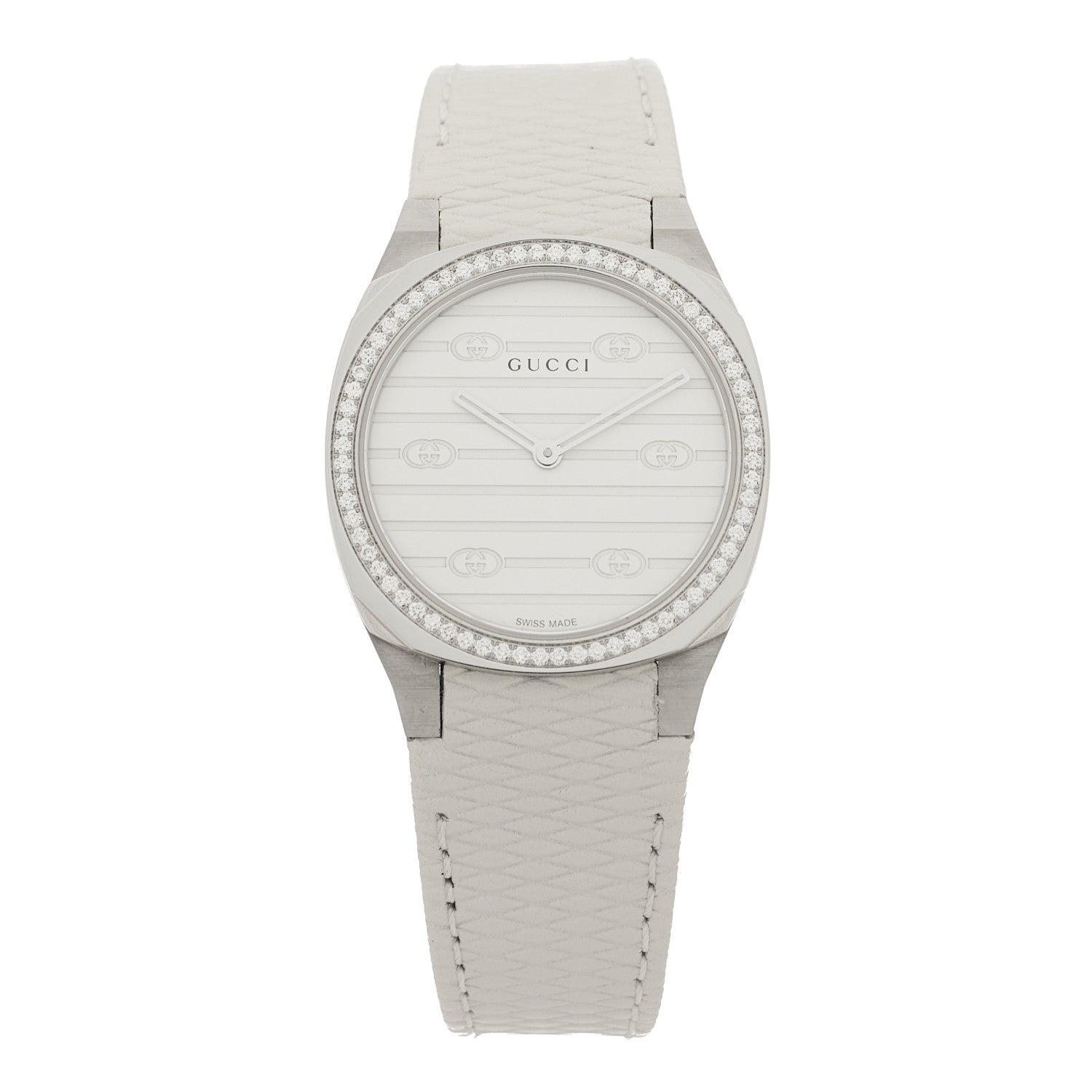 Gucci Stainless Steel Calfskin Diamond Bezel 30mm 25H Quartz Watch White 1 of 5