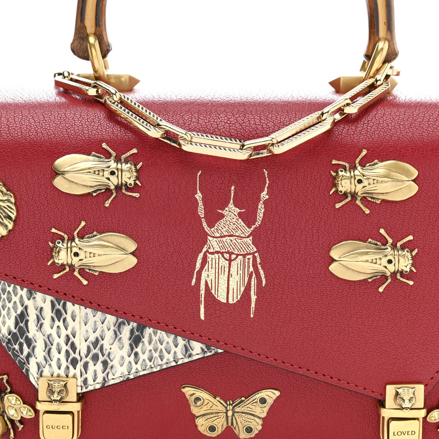 Gucci Calfskin Snakeskin Studded Small Ottilia Top Handle Bag Hibiscus Red 9 of 16