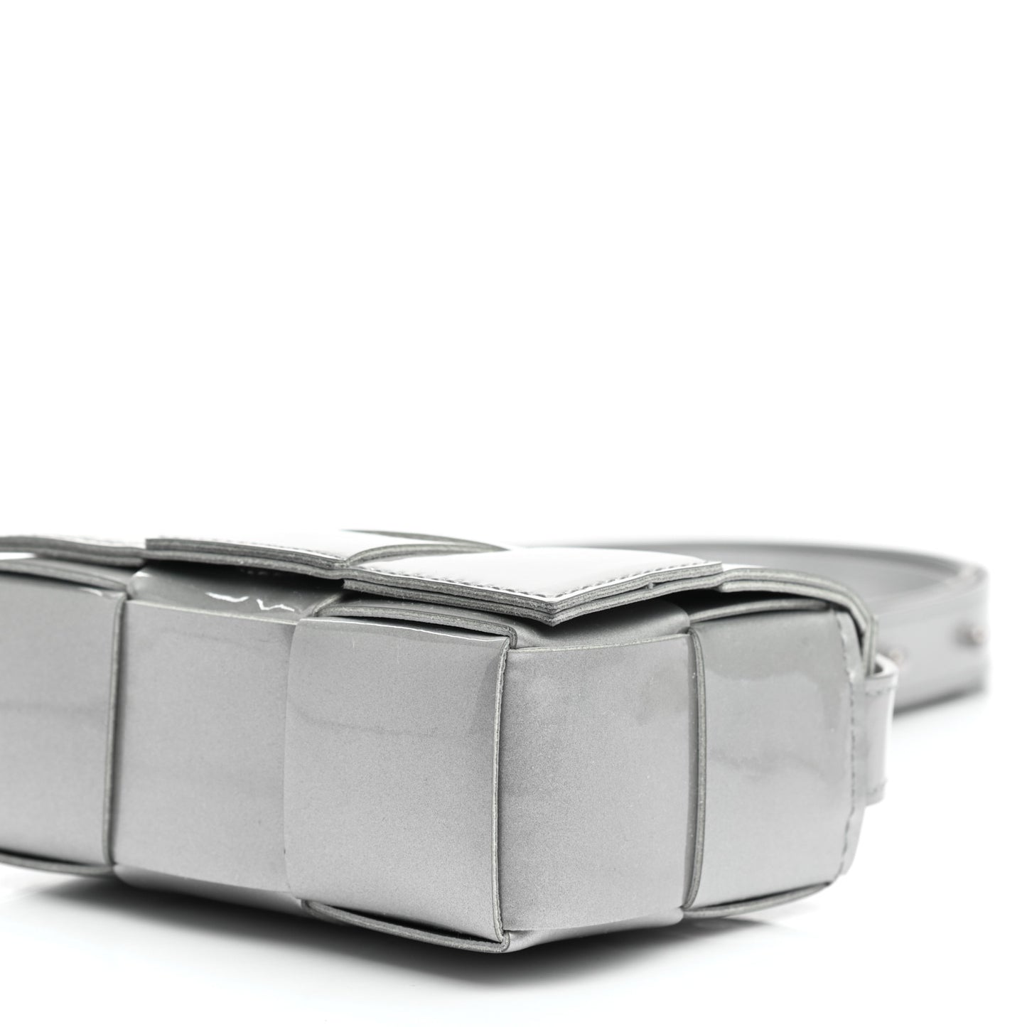 Metallic Patent Calfskin Maxi Intrecciato Extra Mini Cassette Crossbody Bag Silver