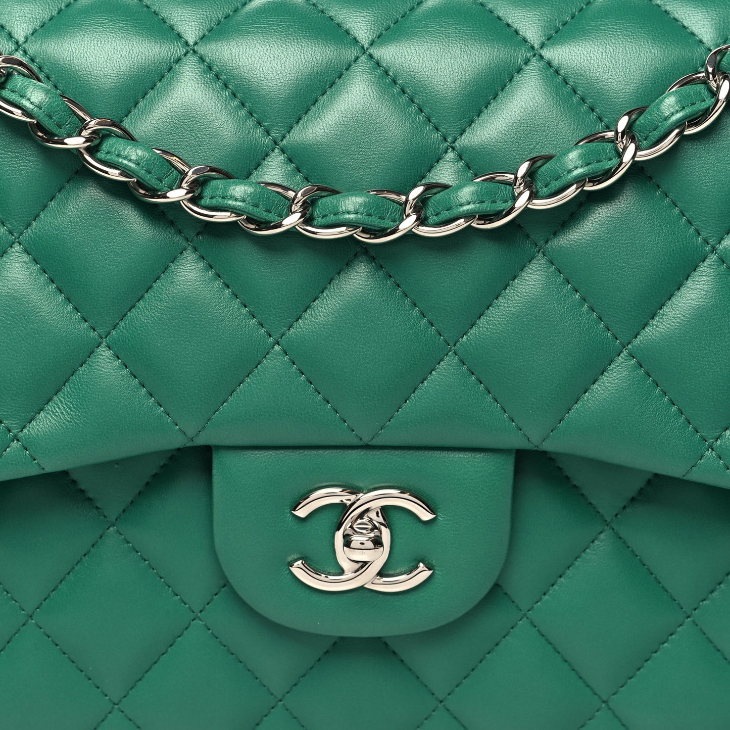 Lambskin Quilted Jumbo Double Flap Green