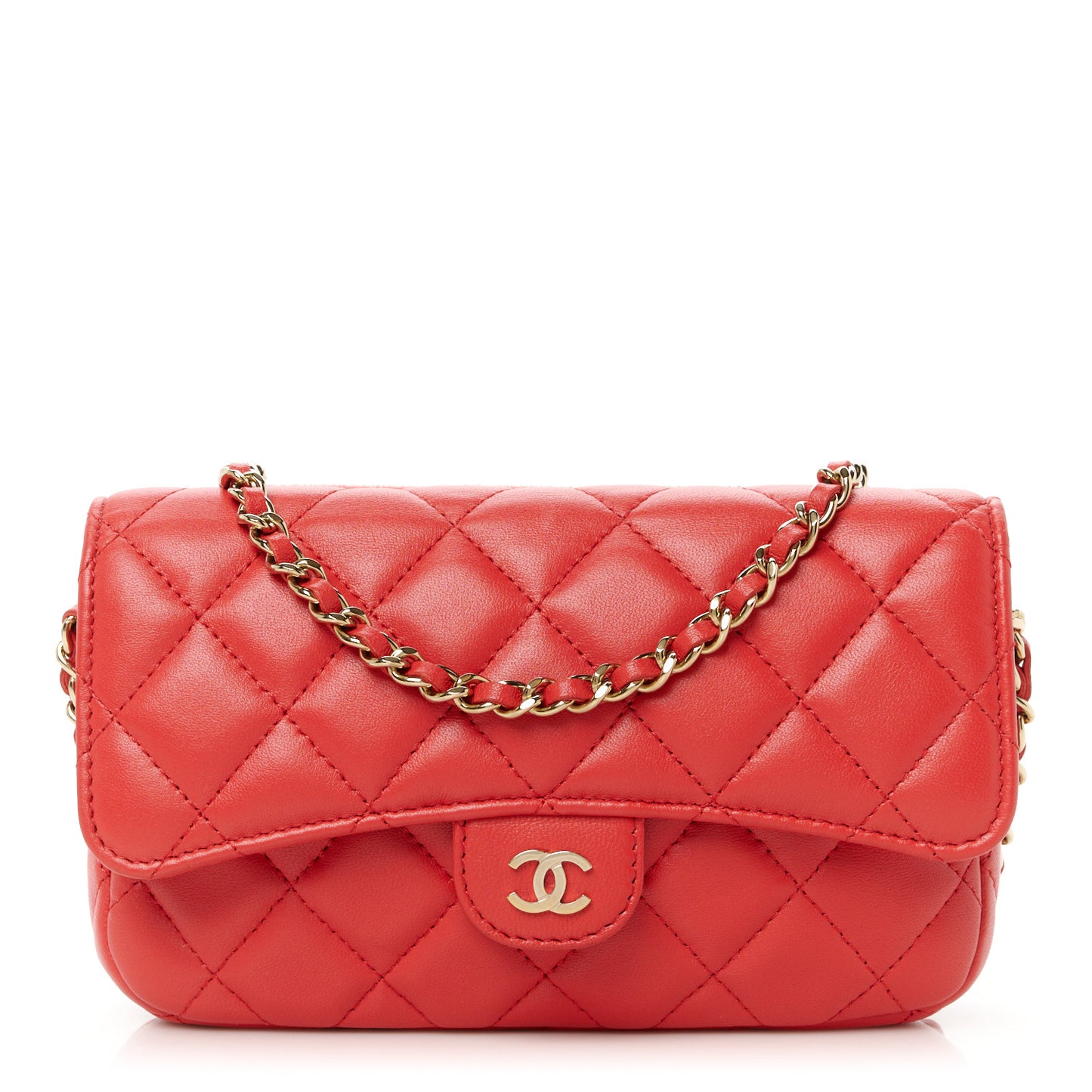 Lambskin Quilted Flap Phone Holder With Chain Red