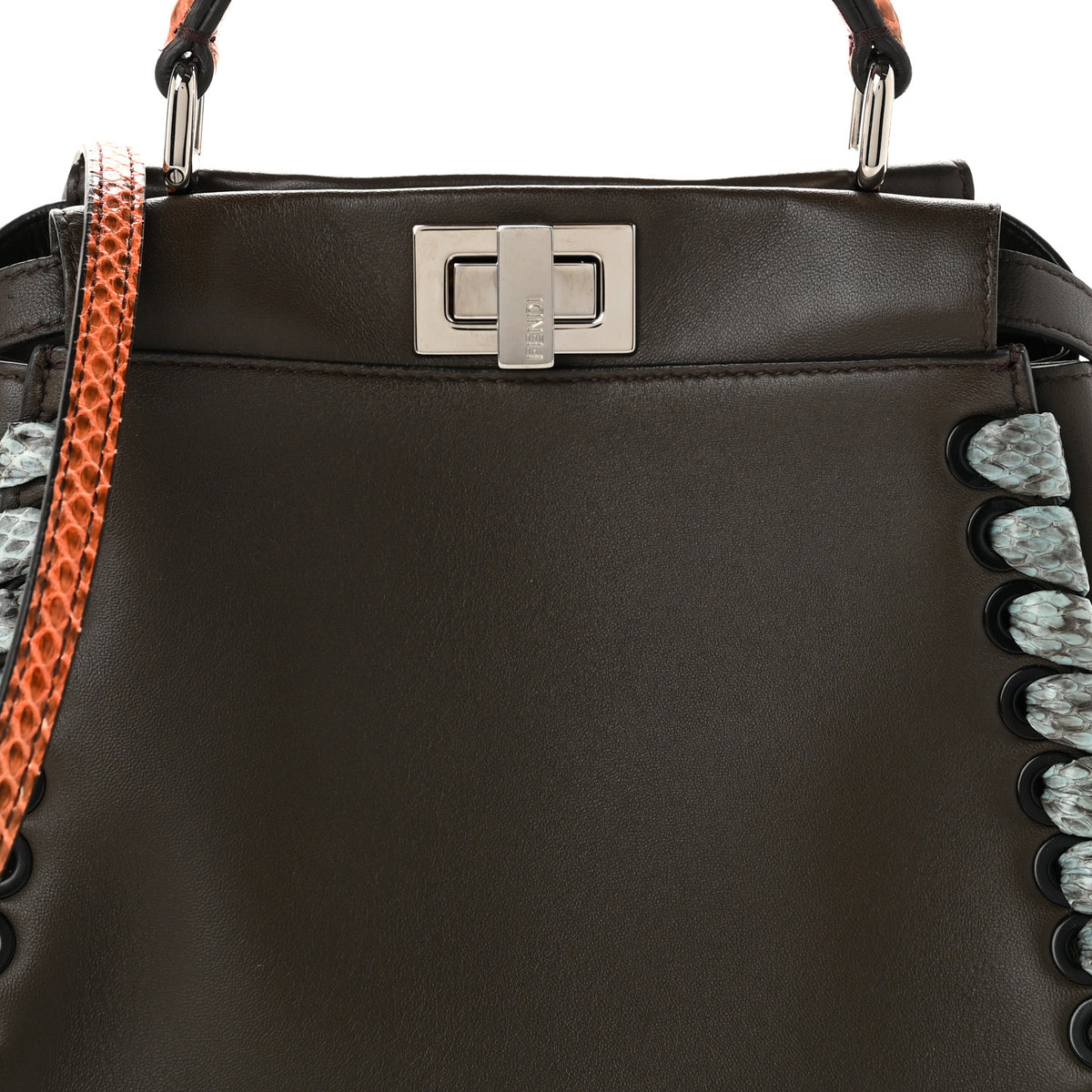 Calfskin Elaphe Lace Up Selleria Mini Peekaboo Iconic Satchel Verde Prato Arancio